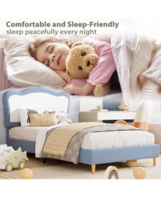 Twin Size Kids Upholstered Bed Frame with Scallop Velvet Headboard, Sturdy Slats, Noise-Free, Blue & White
