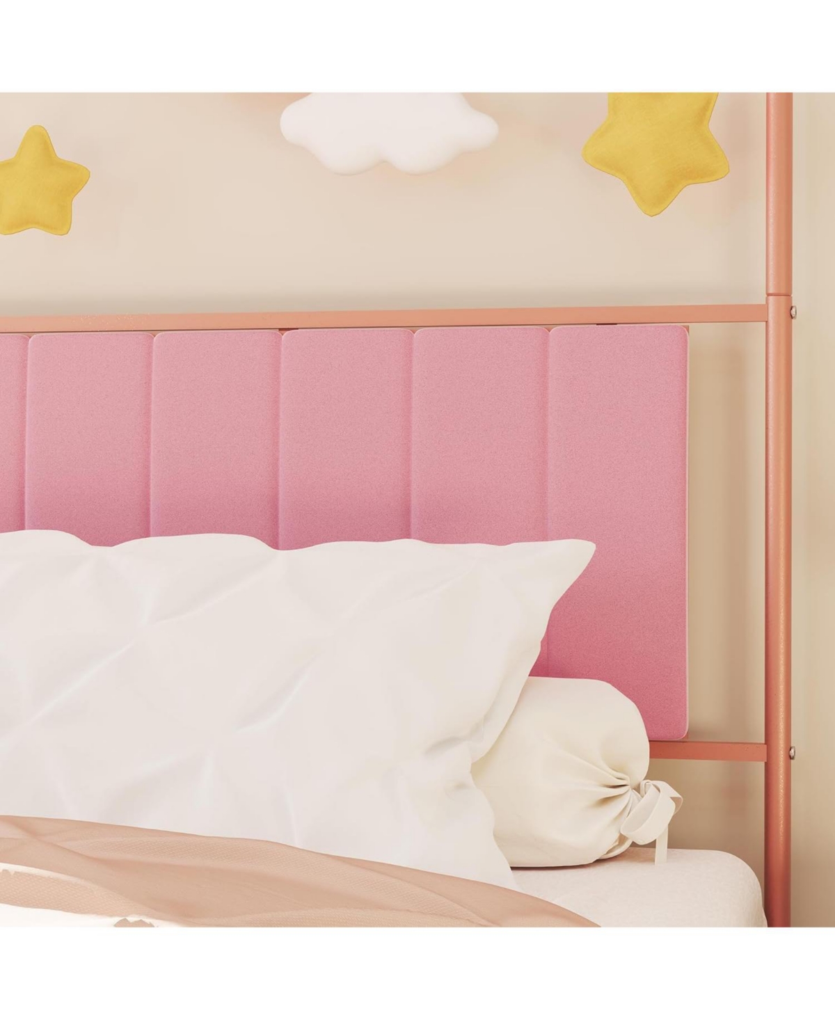 Twin Size Canopy Bed Frame with Upholstered Headboard, Underbed Storage, Decorative Arched Metal, Pink