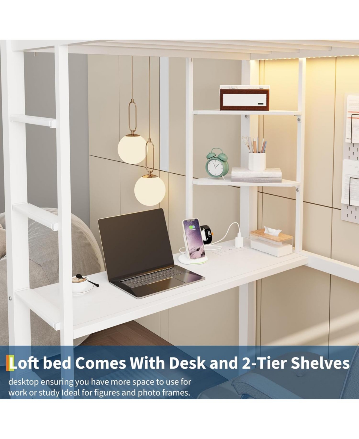 gaomon Twin Size Loft Bed with Desk, Storage Shelves, Led Lights, Safety Guardrail, Ladder, Steel Slats