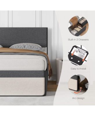 Full Upholstered Bed Frame with Headboard 2 Storage Drawers Metal Slats No Box Spring Noise Free