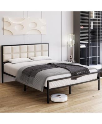 Faux Leather Platform Metal Frame Steel Slats Bed Frame with Upholstered Headboard, King Size
