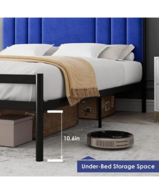 King Size Platform Bed Frame with Velvet Headboard Heavy Duty Metal Bed Frame