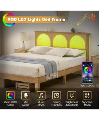 Full Size Solid Wood & Rattan RGB LED Platform Bed Frame with Underbed Storage
