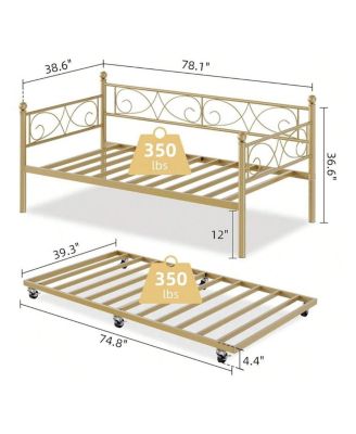 Twin Daybed with Trundle Metal Sofa Bed Heavy Duty Slats Space Saving Guest Room Gold