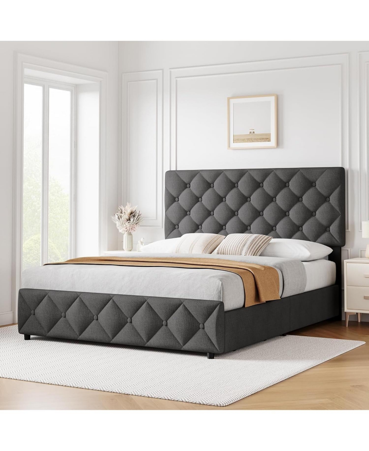 gaomon Full Size Bed Frame 4 Storage Drawers Adjustable Upholstered Headboard Platform Bed Button Tufted Gray