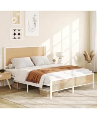 Queen Size White Rattan Bed Frame with Headboard Boho Platform LED Lights Metal Slats Noise-Free
