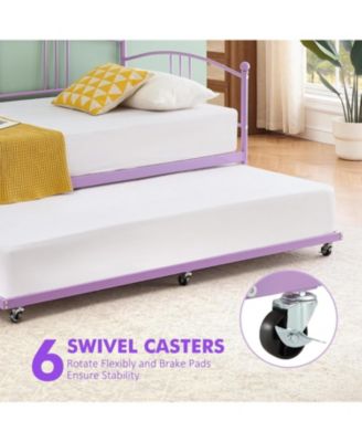 Twin Daybed with Trundle Metal Frame Pullout Trundle 6 Casters Steel Slats Living Room Bedroom Guest Room No Box Spring Purple