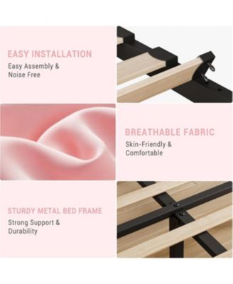 Twin Bed Frame with Adjustable Linen Upholstered Headboard Strong Wooden Slats No Box Spring Needed Easy Assembly