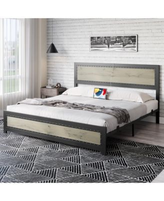 King Bed Frame Industrial Platform with Charging Station Headboard Metal Slats Easy Assembly Washed Grey