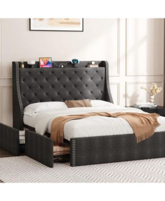 Full Bed Frame Gray Upholstered 4 Storage Drawers Wingback Headboard Charging Station Button Tufted