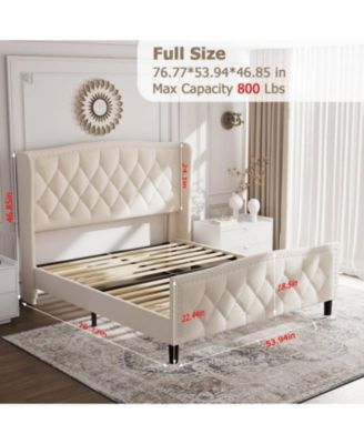 Full Bed Frame Beige Upholstered 4 Storage Drawers Wingback Headboard Charging Station Button Tufted
