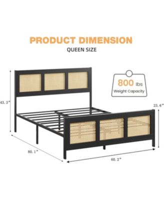 Queen Size Rattan Platform Bed Frame with Headboard, Boho Design, Strong Metal Slat Support, Noise-Free, No Box Spring Needed