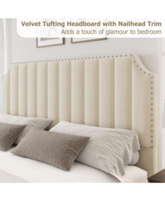 Queen Size Platform Bed Frame 50.2in Channel Tufted Headboard and Footboard Nailhead Trim No Box Spring Cream