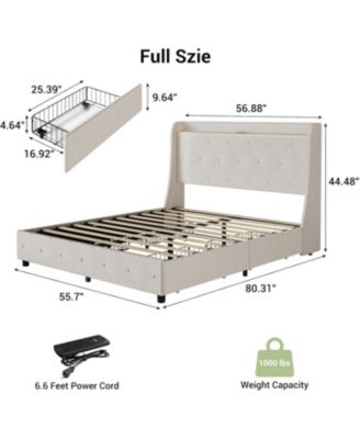 Full Size Upholstered Bed Frame with 4 Storage Drawers Charging Station Wingback Headboard Platform No Box Spring Needed Noise-Free