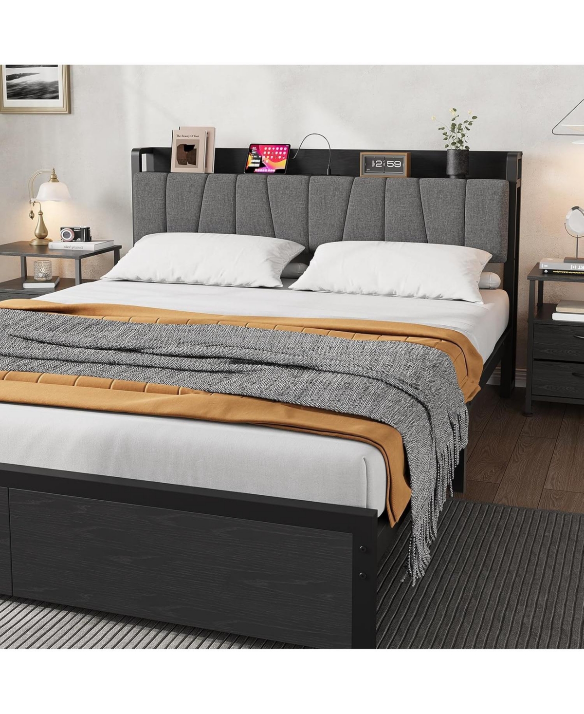 Gaomon Full Size Upholstered Platform Bed Frame with Storage Drawers, Mesh Drawers, Charging Station & Metal Slats
