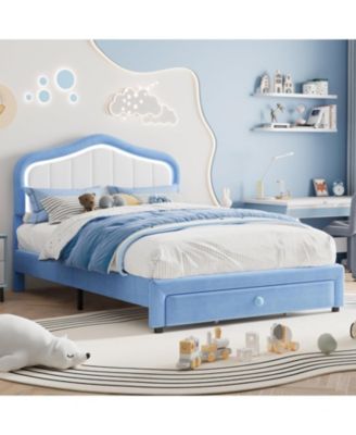Full Size Upholstered LED Bed Frame with Storage Drawer Velvet Platform for Kids Wooden Slats No Box Spring Blue