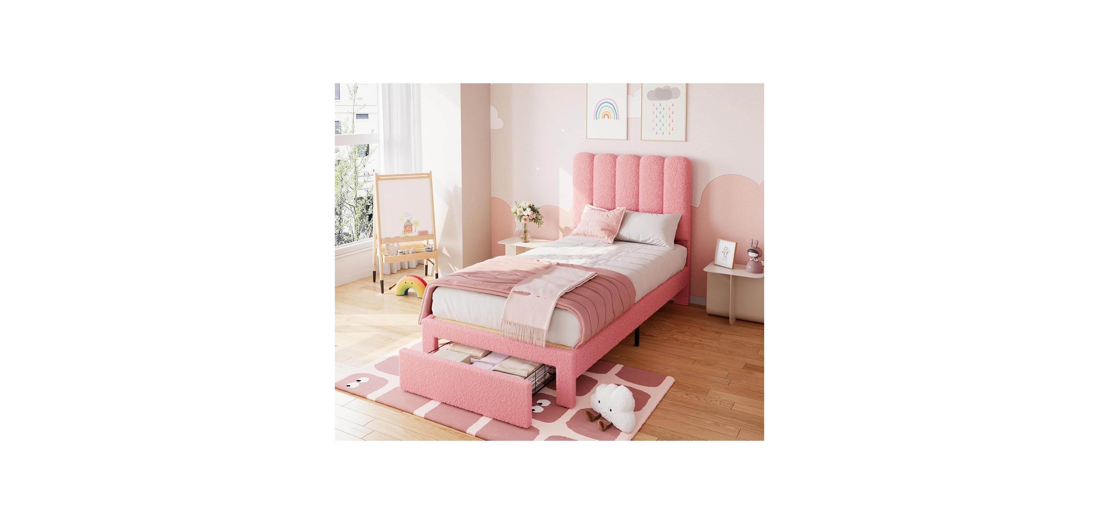 Gaomon | Twin Size | Boucle Upholstered | Storage Drawer Headboard, Noise-Free | Platform Bed Frame with Wood Slats