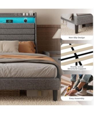 Queen Size Upholstered Platform Bed Frame with Headboard Charging Station LED Lights Wooden Slats No Box Spring