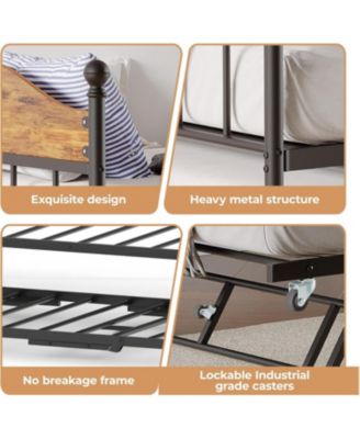 Twin Size Metal Daybed with Trundle Foldable Trundle Sofa Bed Stylish Headboard for Living Room, Bedroom, Guest Room Brown