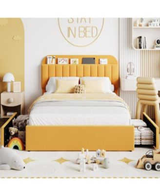 Full Size Boucle Upholstered Platform Bed Frame with Bookcase Headboard 2 Drawers for Boys Yellow No Box Spring