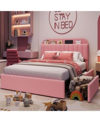 Full Size Boucle Upholstered Platform Bed Frame with Bookcase Headboard 2 Drawers for Girls No Box Spring Pink