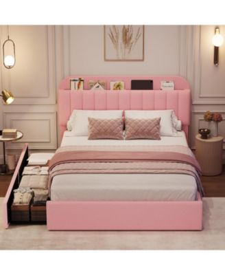 Queen Size Boucle Upholstered Platform Bed Frame with Storage Headboard Bookcase 2 Drawers No Box Spring