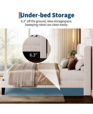 Full Size White Velvet Platform Bed Frame Channel Tufted Wingback Headboard Upholstered Wood Slats No Box Spring