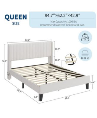 Queen Size White Velvet Platform Bed Frame Channel Tufted Wingback Headboard Upholstered Wood Slats No Box Spring