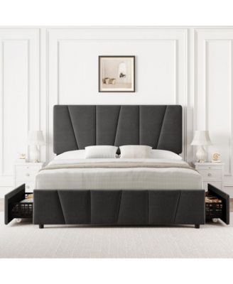 Full Size Upholstered Bed Frame - 4 Storage Drawers, Adjustable Velvet Headboard, Wooden Slats Support