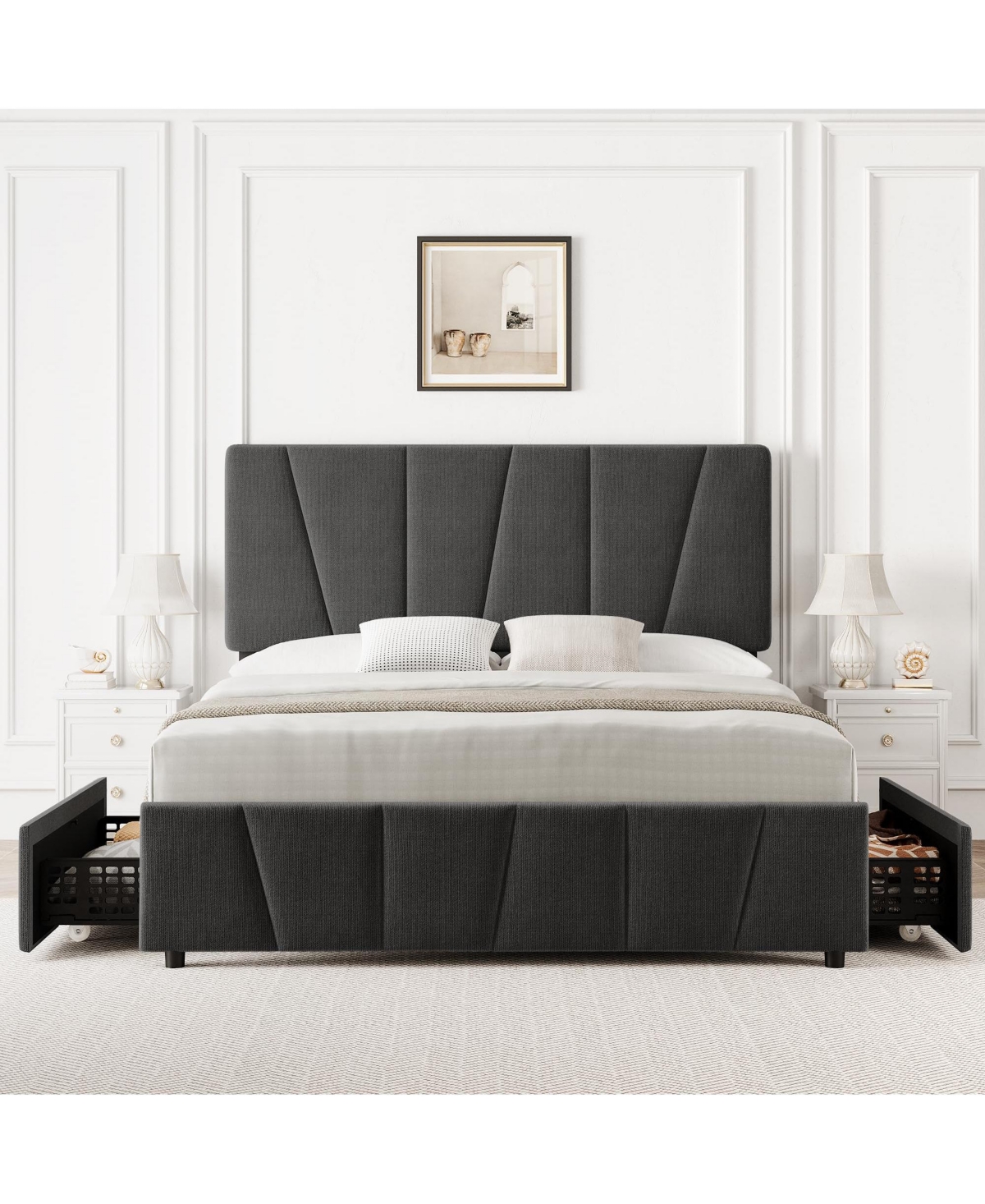 Gaomon Full Size Upholstered Bed Frame - 4 Storage Drawers, Adjustable Velvet Headboard, Wooden Slats Support