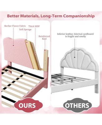 Twin Size Bed Frame for Kids with Scallop Headboard, Cute Velvet Twin Bed for Girls, Boys, Sturdy Platform Bed