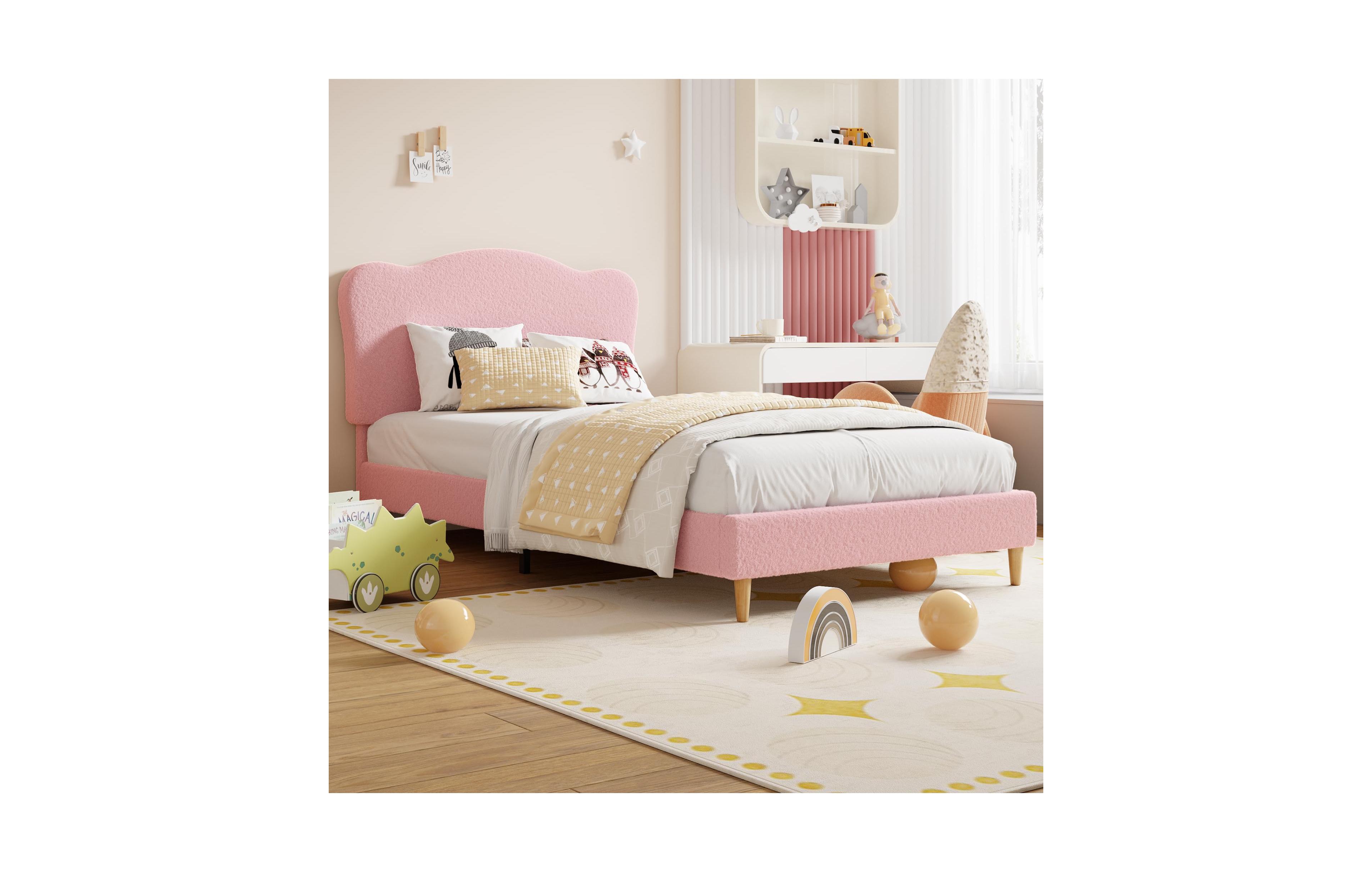gaomon Twin Xl Size Bed Frame for Kids with Scallop Headboard, Cute Velvet Twin Xl Bed for Girls, Boys, Sturdy Platform Bed
