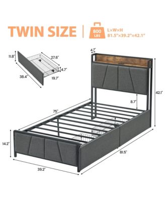 Twin Size Bed Frame with 2 Storage Drawers and Charging Station, Rustic Linen Upholstered Platform Bedframe