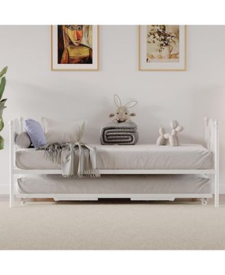 Daybed with Trundle, Metal Twin Size Day Bed with Stylish Headboard, Sofa Bed Frame with Pop Up Foldable Trundle Bed