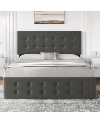 Full Bed Frame with Headboard and 4 Storage Drawers, Platform Bed Frame Square Stitched Button Tufted