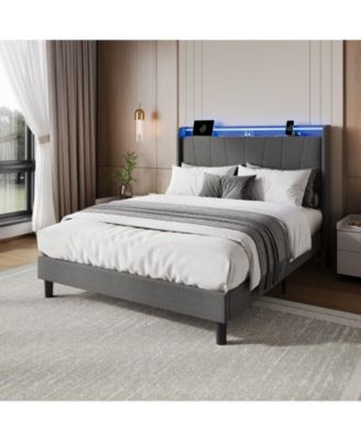 Full Size Bed Frame with Charging Station and LED Lights, Modern Platform Bed with Slats