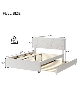 Trundle Bed, Full Size Upholstered Platform Bed Frame, Pull Out Bed with Headboard, Wood Slat Support