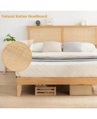 King Size Rattan Bed Frame,Bohemian Rattan King Bed Frame with Natural Headboard, LED Lights, Foundation with Silent Slats