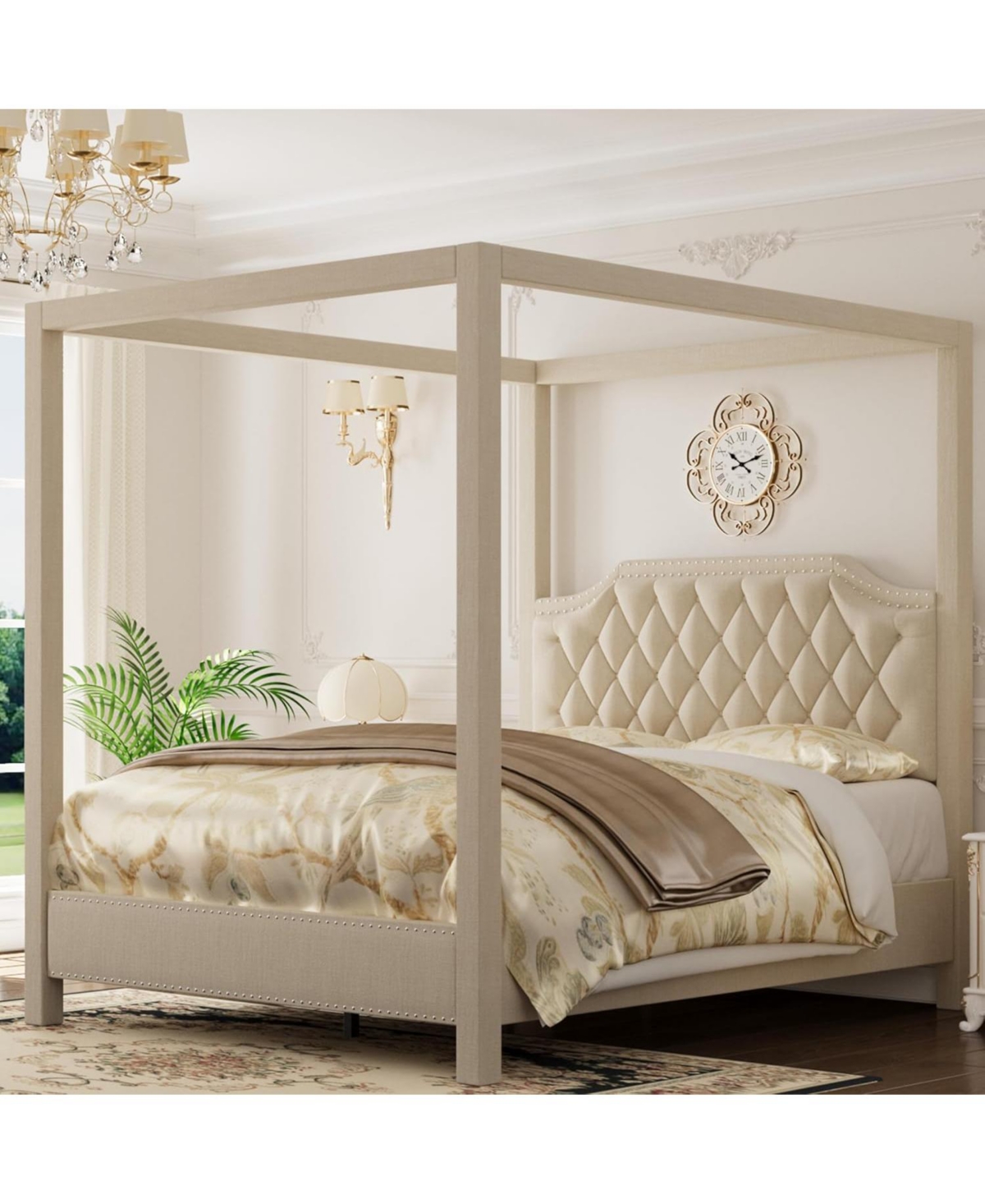 gaomon Upholstered Canopy Bed Frame Full Size with Headboard,Button Tufted,Nailhead Trim Design,No Box Spring Required
