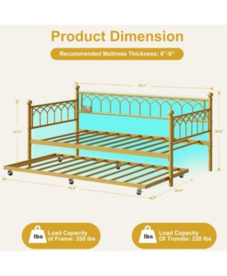 Twin Daybed with Pull-Out Trundle, LED Lights & Charging Station, Metal Sofa Bed for Living Rooms, Bedrooms & Apartments, Gold Finish