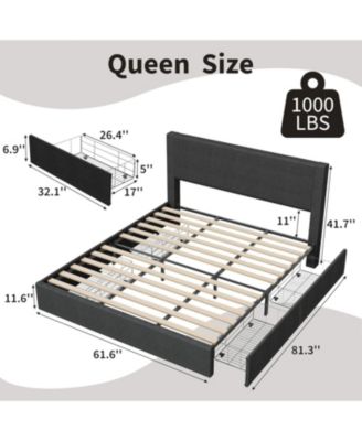 Queen Corduroy Platform Bed with Tufted Wingback Headboard, 4 Storage Drawers, Solid Wood Slat Base, No Box Spring Needed, Black