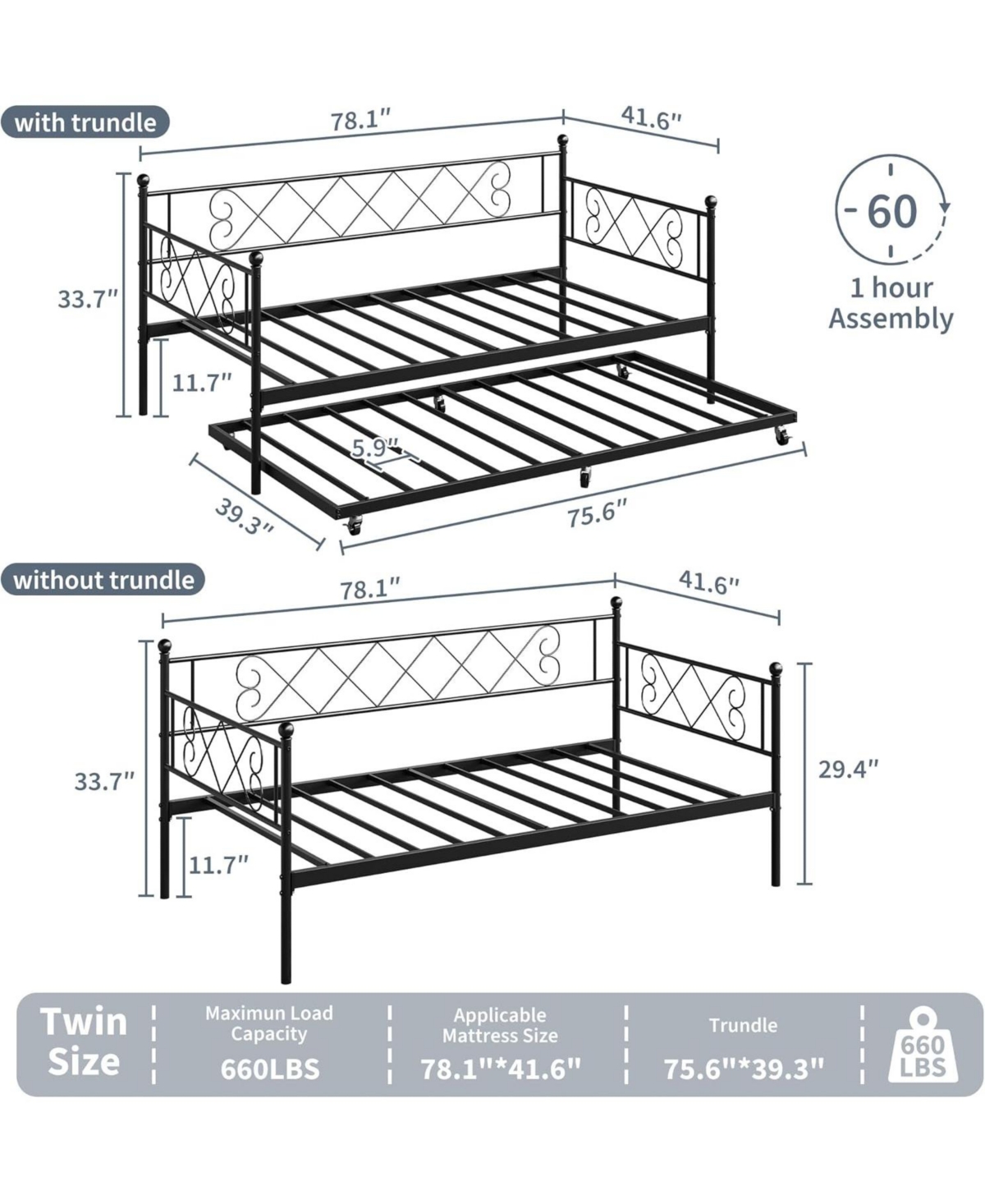 gaomon Twin Metal Daybed with Trundle , Durable Steel Slats, Compact Sofa Bed Pull-Out for Small Spaces