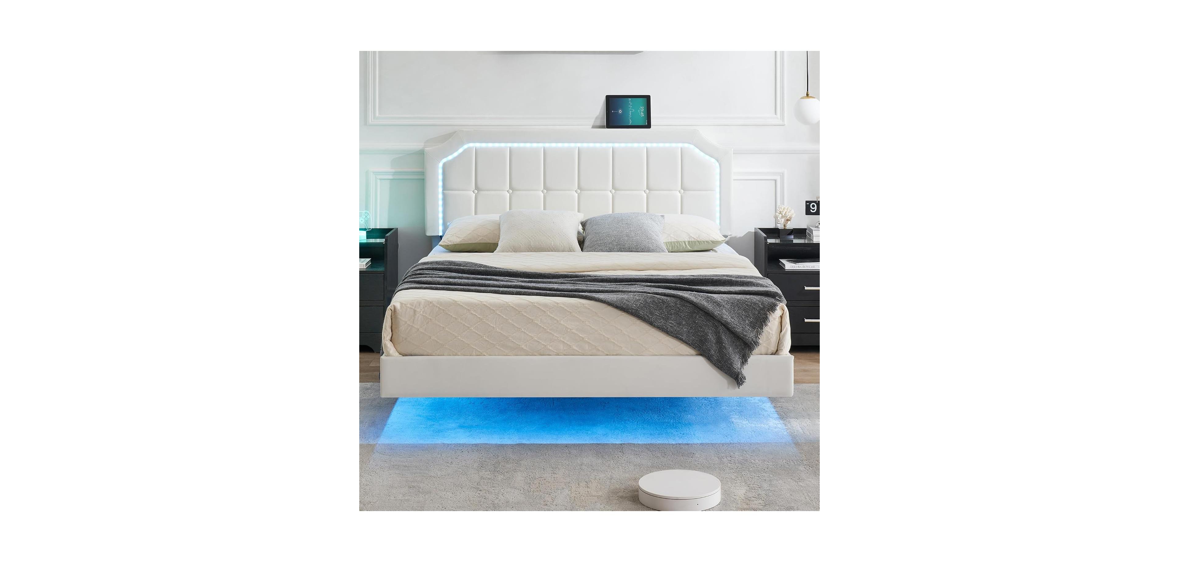gaomon Queen Upholstered Bed with Rgb Led Lights, Adjustable Headboard, Button-Tufted Design, Floating Platform