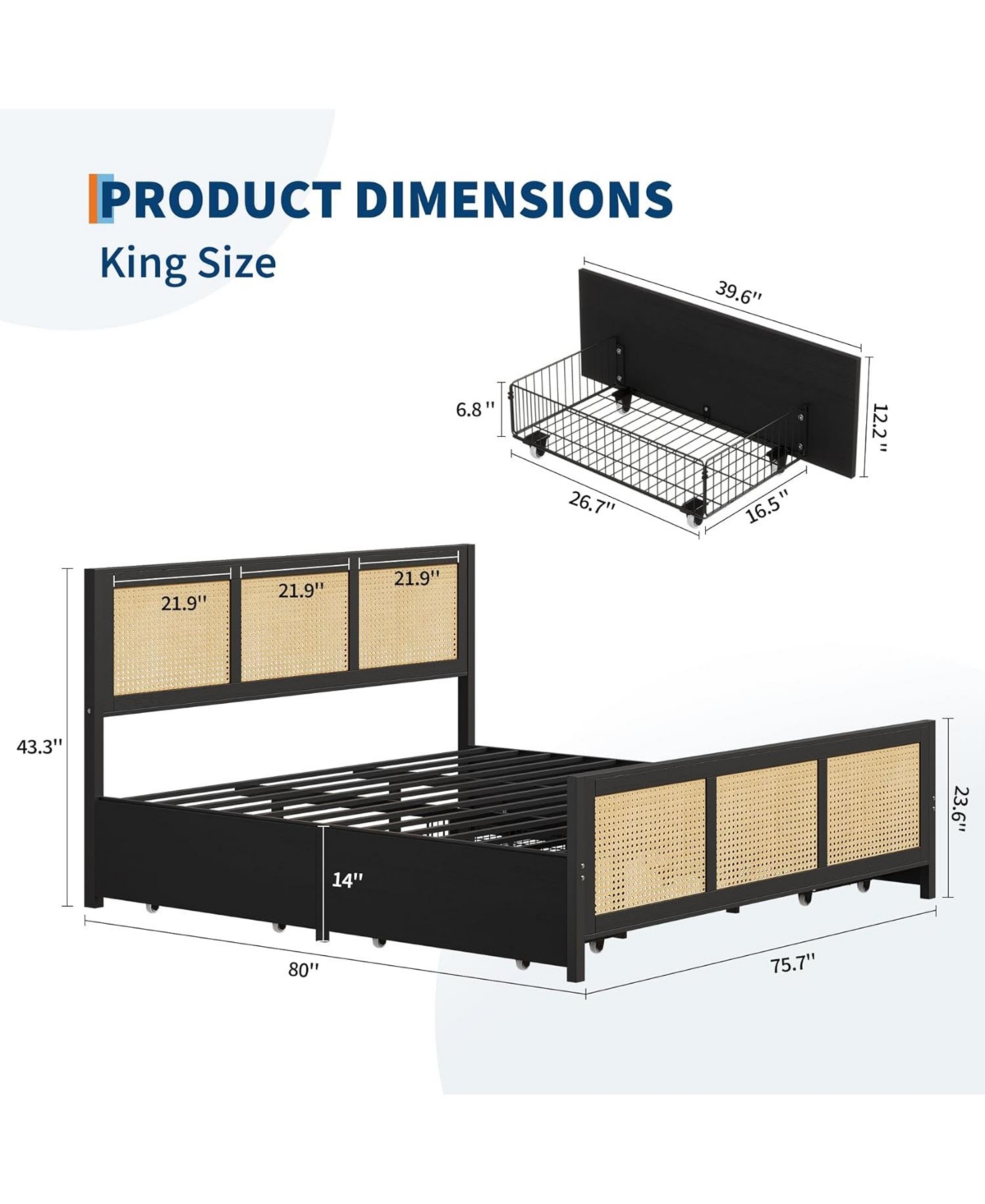 gaomon Rattan Bed Frame with Headboard, Boho Cane Platform 4 Drawers, Sturdy Metal Slats, Noise-Free, No Box Spring Needed