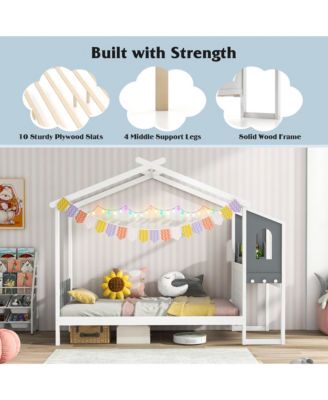 Kids House Bed w/ Study Desk & Removable Box Drawers Hanging Hooks
