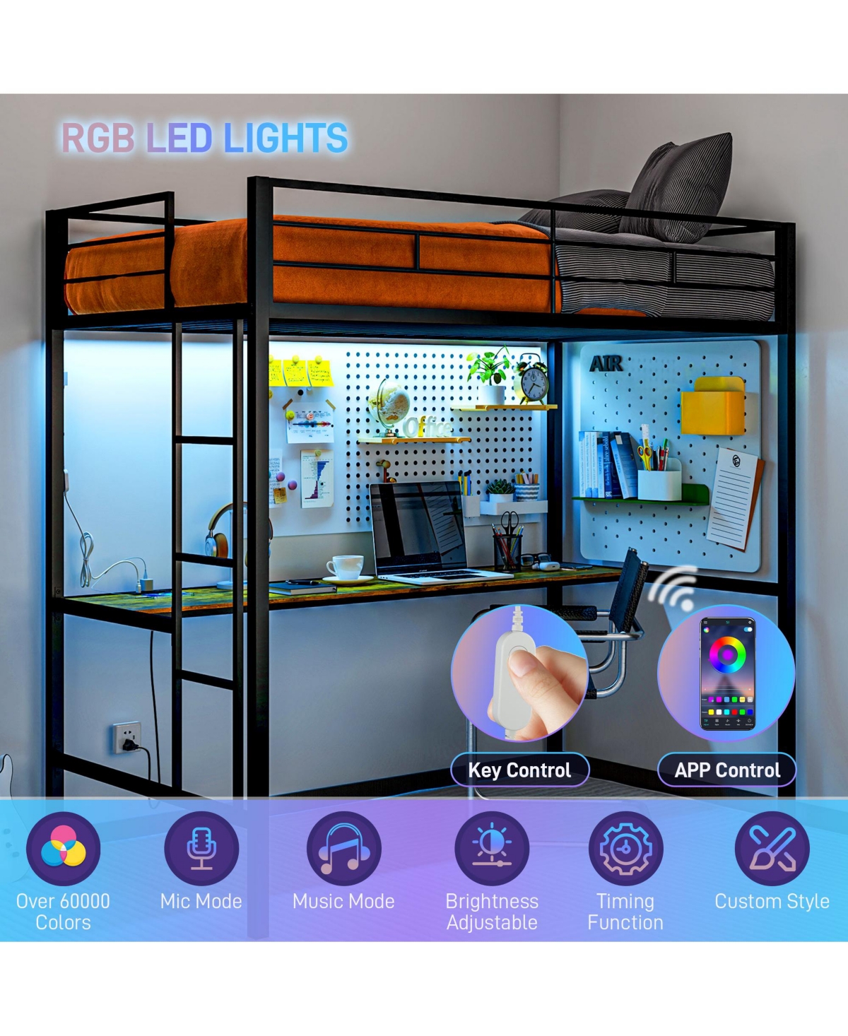 Homcom Twin Loft Bed with Power Outlets Lights Metal Loft Bed Frame,