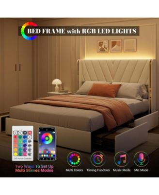 Upholstered LED Bed Frame with 4 Storage Drawers, RGB LED Lights, Velvet Platform Bed Frame with Wingback Headboard, No Box Spring Needed - Queen