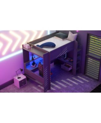 Dark Gray Wood Full Size Gaming Loft Bed Built In Desk Charging Station Storage Shelves LED Lighting Space Saving Teens Adults Furniture