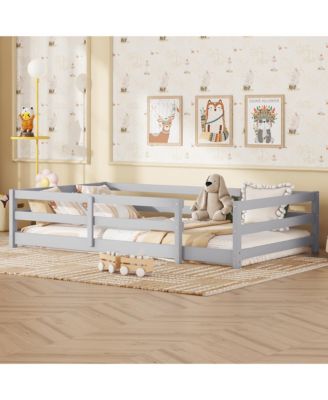 Pine Wood Twin Size Kids Floor Bed, Long-Lasting Montessori Floor Bed with Fence for Girls, Boys