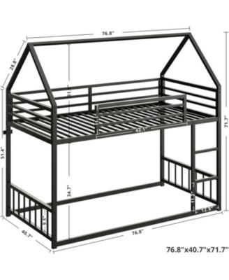 Twin Over Twin Metal Bunk Bed with Ladder & Guardrail, House-Shaped Frame, Space-Saving Design, No Box Spring Needed – Black
